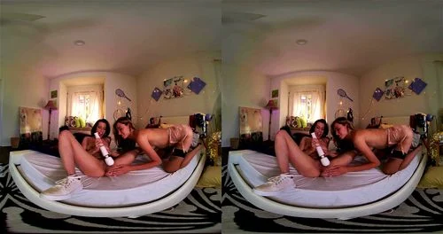 virtual reality, threesome, blowjob, brunette