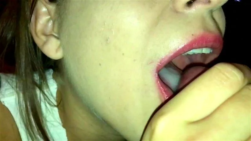 Blowjob ends with cum on tongue