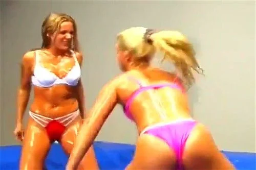 oil wrestling, wrestling, blonde, bikini wrestling