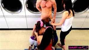 Teen babe fucking while her Bffs filming them in laundry day