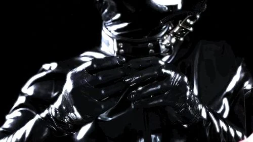 Latex suit male slave licking the feet of his mature mistress