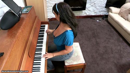 Naughty brunette Ellie is one of a kind mature woman with big tits washing the dishes and cleaning the house with her downblouse