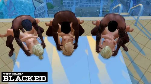 blowjob, blonde, the sims 4, threesome interracial