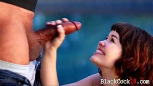 Black boner fucked asian teen with her big dick outdoors