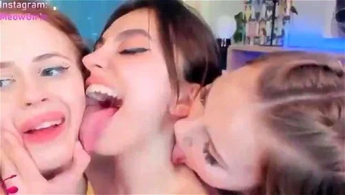 tongue kissing, threesome, meowgirls, brunette